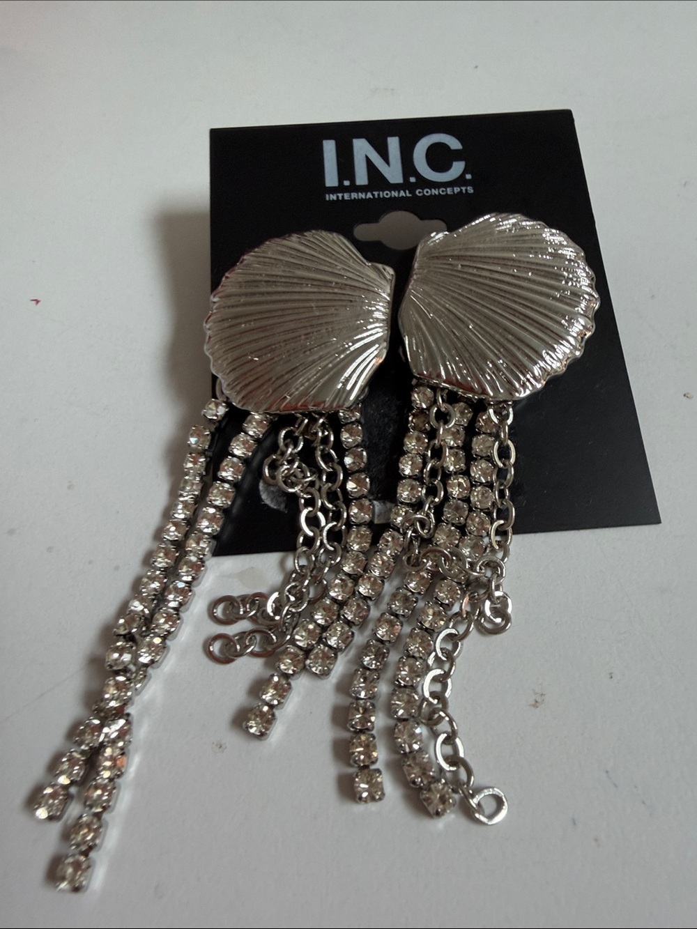 INC International Concepts Silver Shell Drop Earrings with Rhinestone Fringe